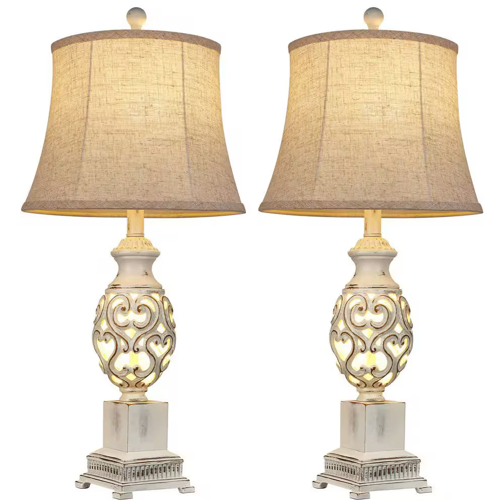 Rottogoon 28 in. Distressed White Tall Bedside Lamp with Night Light Rustic Table Lamps with Linen Shade for Living Room End Table
