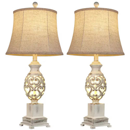 Rottogoon 28 in. Distressed White Tall Bedside Lamp with Night Light Rustic Table Lamps with Linen Shade for Living Room End Table