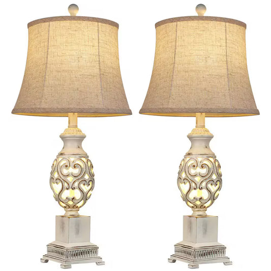 Rottogoon 28 in. Distressed White Tall Bedside Lamp with Night Light Rustic Table Lamps with Linen Shade for Living Room End Table
