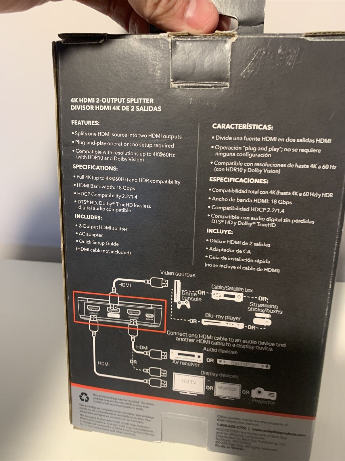 Rocketfish 2-Output HDMI Splitter 4K Ultra HD and HDR Compatible Model RF-G1603
