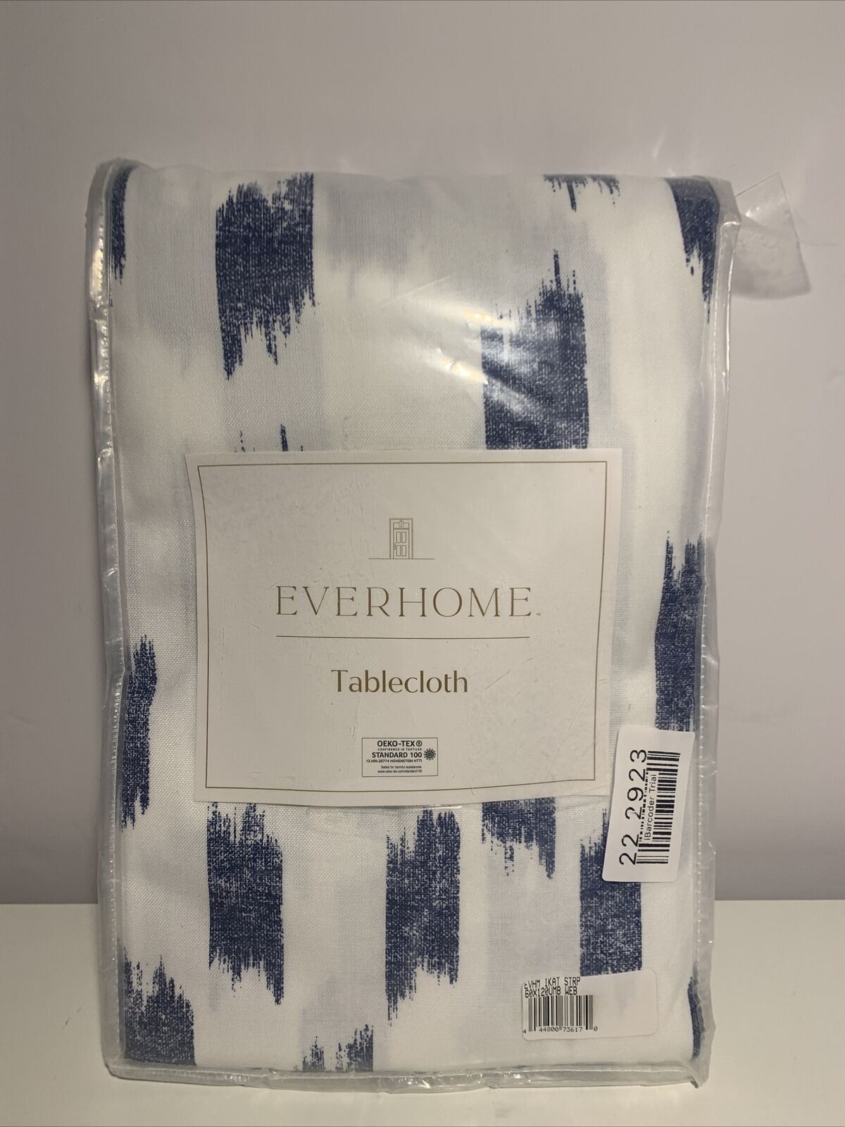 Everhome Ikat Stripe 60" X 120" Umbrella Tablecloth in White/blue