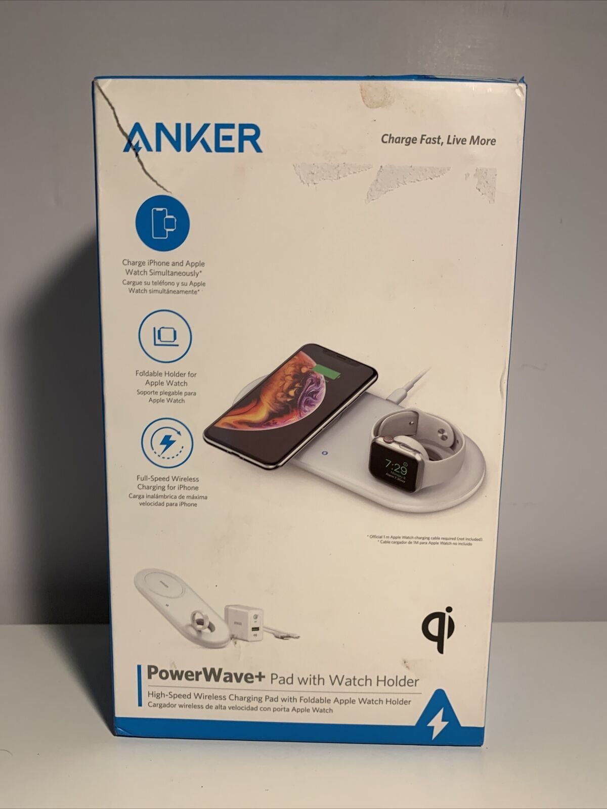 Anker - Almohadilla de carga inalámbrica PowerWave+ con soporte para reloj (blanco)