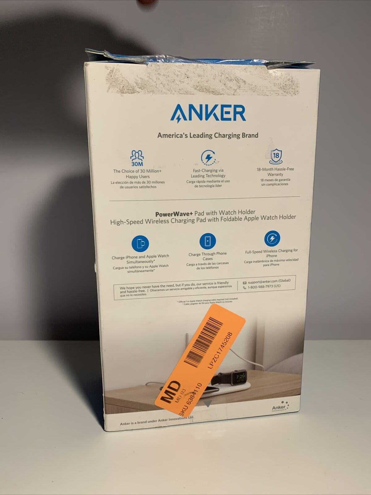 Anker - Almohadilla de carga inalámbrica PowerWave+ con soporte para reloj (blanco)