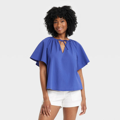 Women's Flounce Short Sleeve V-Neck Popover Top - a New Day