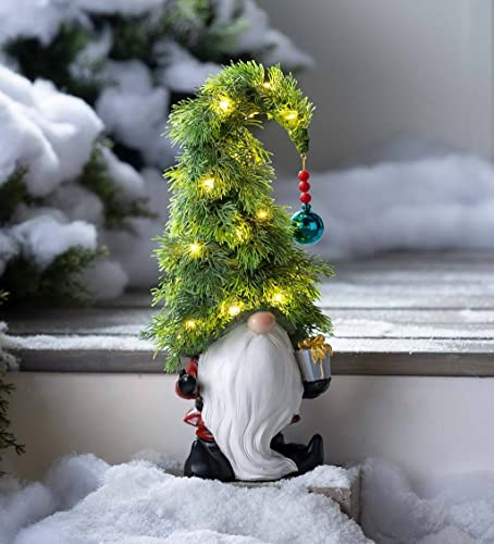 Plow &amp; Hearth - Gnomo de jardín con árbol de Navidad iluminado