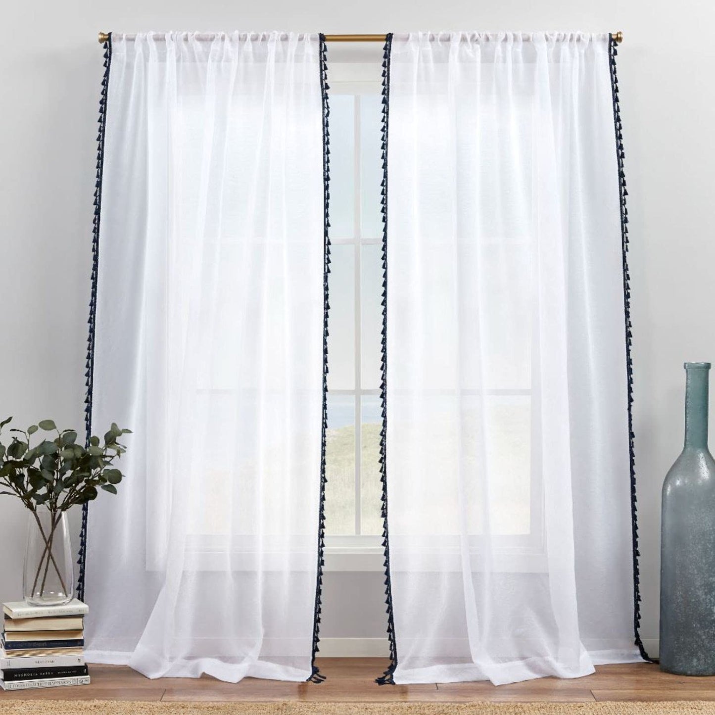 Exclusive Home Tassels Embellished Sheer Rod Pocket Curtain Panel Pair, 54"x96",