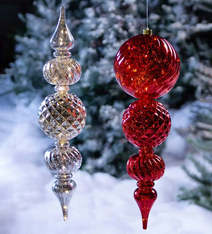 Indoor/Outdoor Shatterproof Holiday Lighted Large Finial Hanging Ornament Silver