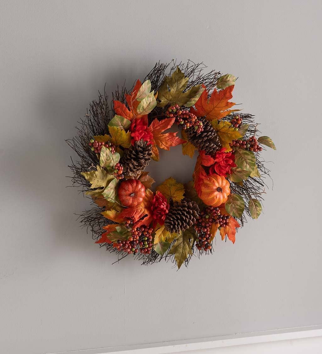 Plow & Hearth Fall Foliage Pumpkins and Pine Cones Wreath with Natural Twig Base