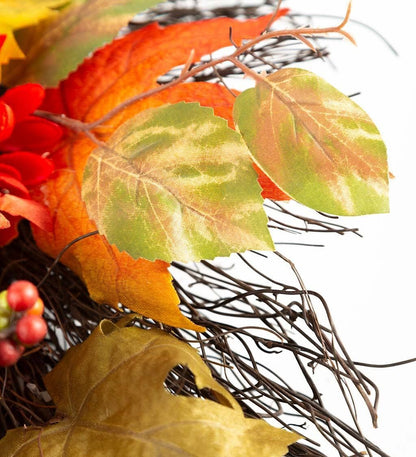 Plow & Hearth Fall Foliage Pumpkins and Pine Cones Wreath with Natural Twig Base