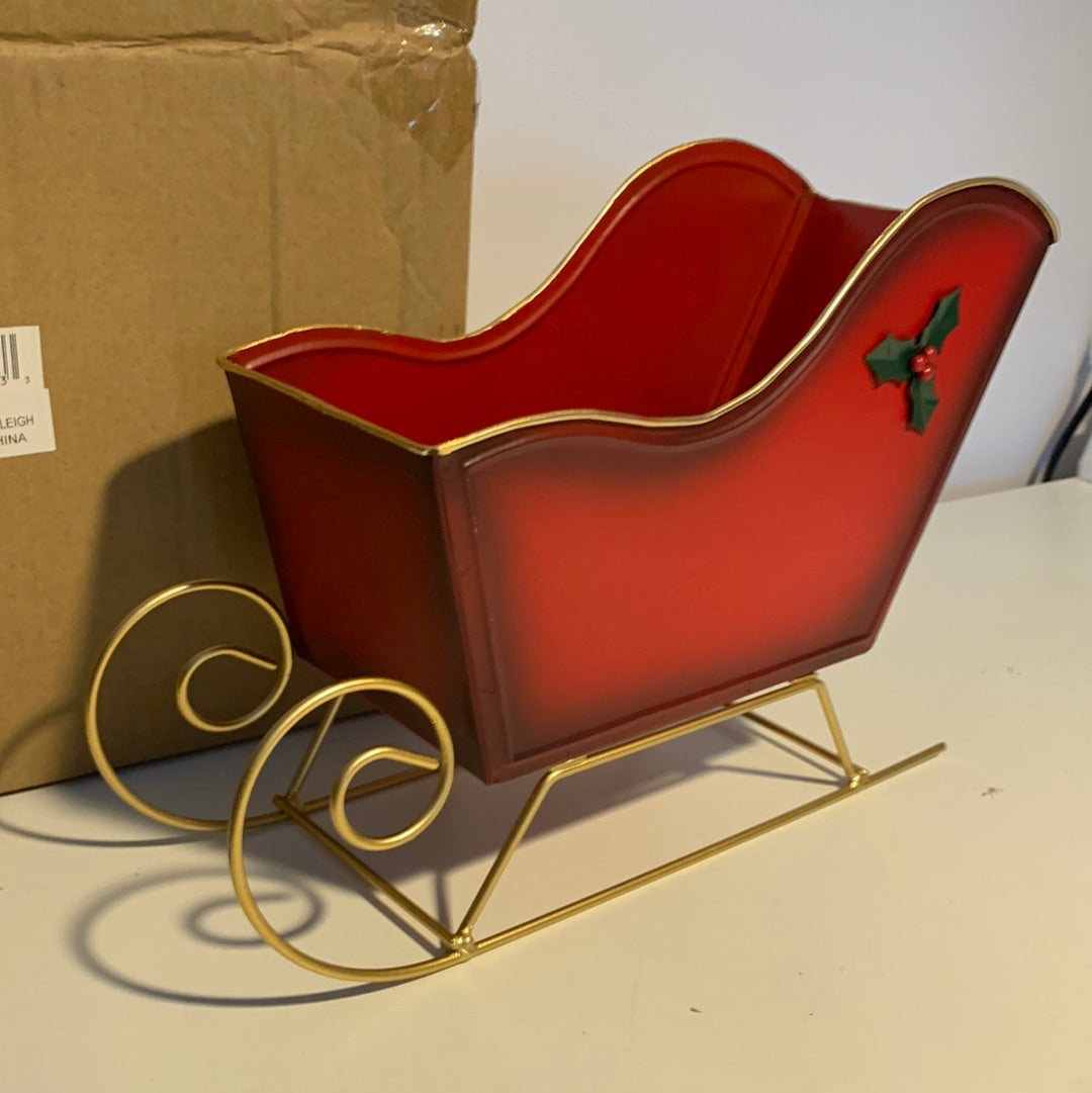 Plow & Hearth Metal Tabletop Red Victorian Sleigh with Holly Berry Details, Gold-Tone