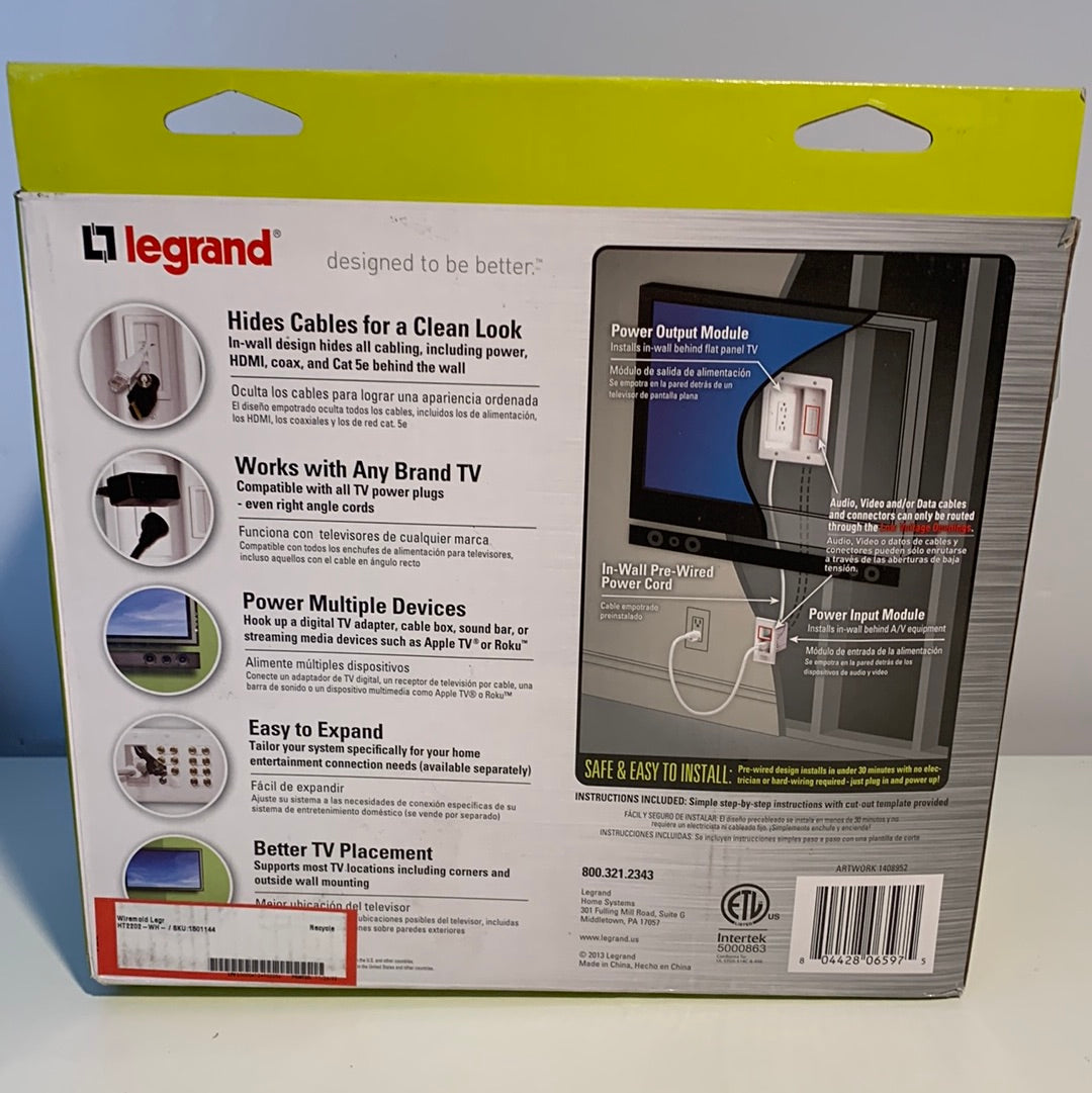 Legrand - Kit de ocultación de cables y alimentación de pantalla plana para empotrar en la pared - Blanco