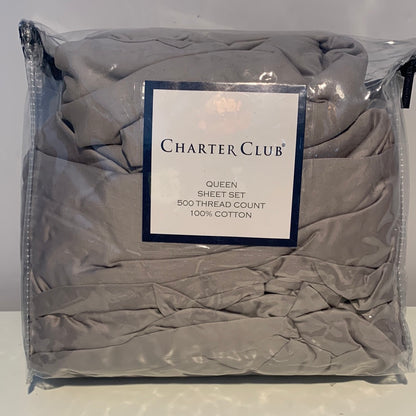 Charter Club satén sólido 500 hilos 4 piezas. Juego de sábanas, gris reina
