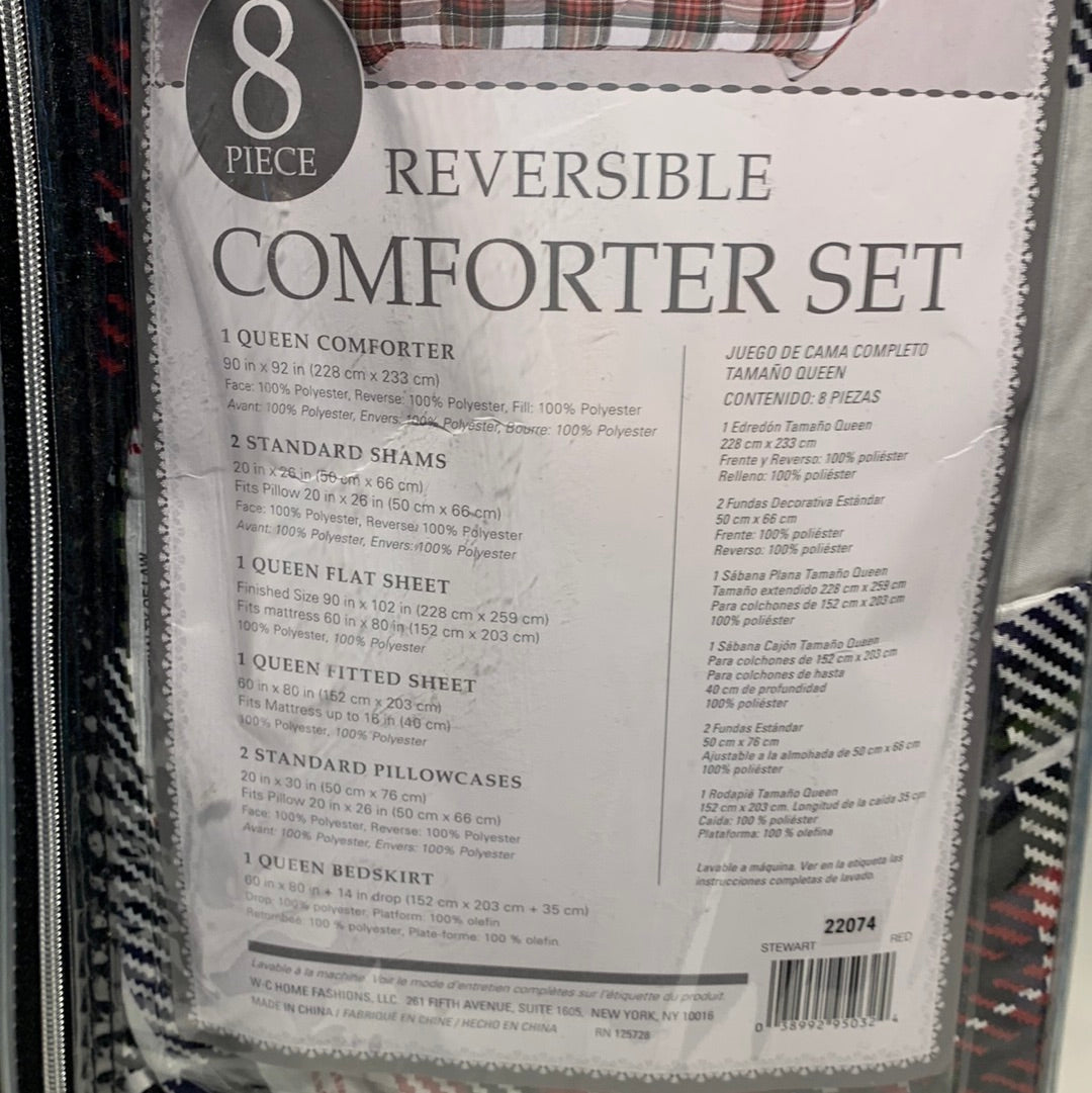 8 PC Queen Stewart Red Plaid Reversable Comforter Set W-C Home Fashions