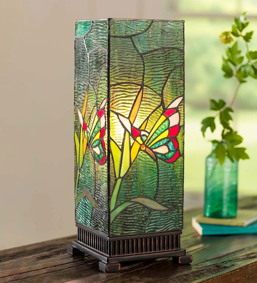 Lámpara de mesa de caja de mariposa de vidrieras de viento y clima con joyas de vidrio