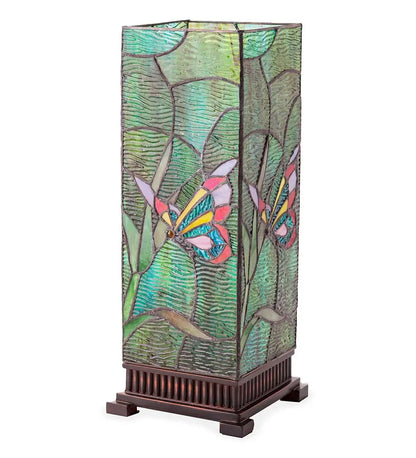 Lámpara de mesa de caja de mariposa de vidrieras de viento y clima con joyas de vidrio